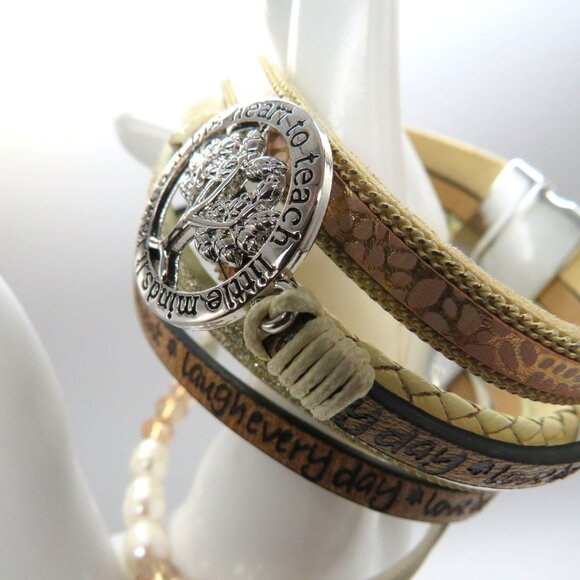 Teacher Bracelet Multi Layered Leather Wrap Beads Inspirational Quote Tree Charm - Picture 5 of 14